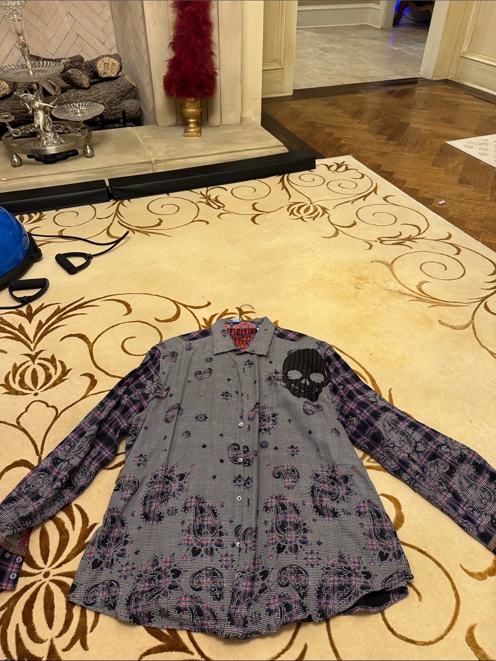 Robert Graham Grey Shirt Jacket with Purple Plaid Sleeves and Black Skull